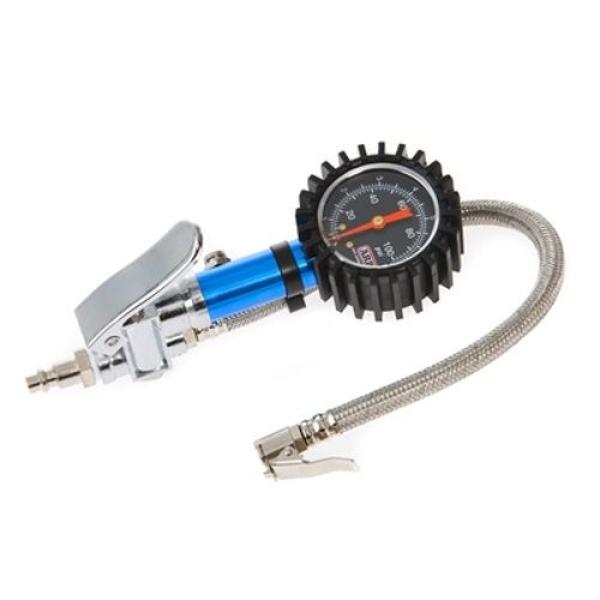 Air Compressor Tire Inflation Gun w/ 13 Inch Stainless Braided Flexible Hose/ Analog In-Line Gauge