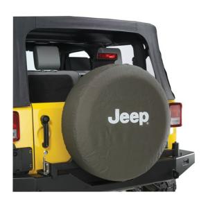 Tire Cover in Khaki Denim for Jeep JK 07-18, YJ 87-94, TJ 97-06 and CJ«s 45-85 with Silver Jeep Logo