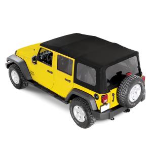 Complete Cable Style Sunrider Twill Soft Top with Spring Lift Assist in Black for Jeep Wrangler Unlimited JK 2007-2018 4 Door