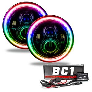 7" High Powered LED Headlight Pair with RGB ColorSHIFT - BC1 Controller for Jeep CJ with 12 volt system 1955-1986, Jeep Wrangler TJ 1997-2006 and Unlimited, and Jeep Wrangler JK 2007-2018