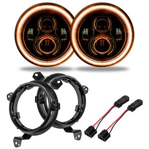 7" High Powered Projector LED Headlight Pair with Amber Halo Ring