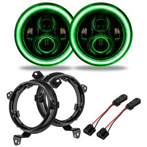 7" High Powered Projector LED Headlight Pair with Green Halo Ring